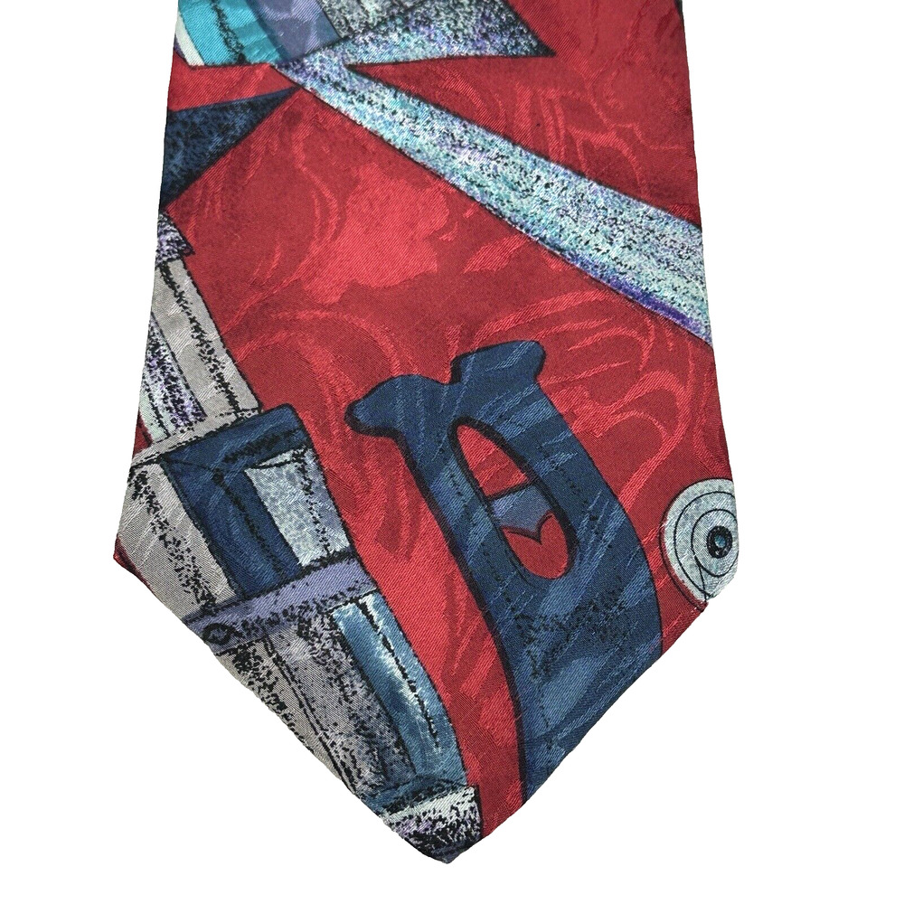 Barry Of London Silk Tie Men 60 in Red Blue Architectural Abstract Geo Wide